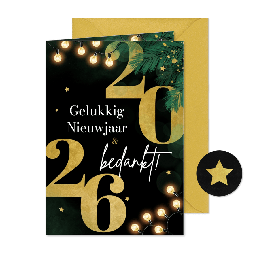 Zakelijke nieuwjaarskaart dennentakjes goud sterren 2026 - Kaartimpressie