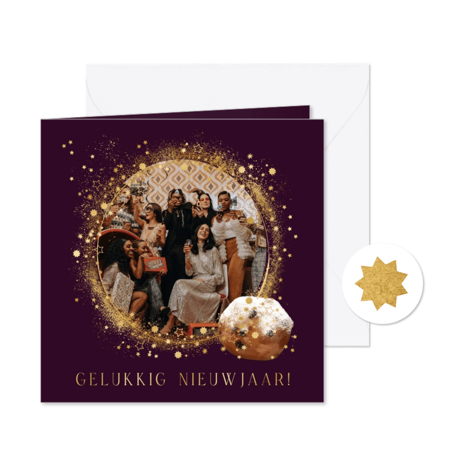 Zakelijke nieuwjaarskaart foto sterrenstof oliebol goud - Kaartimpressie