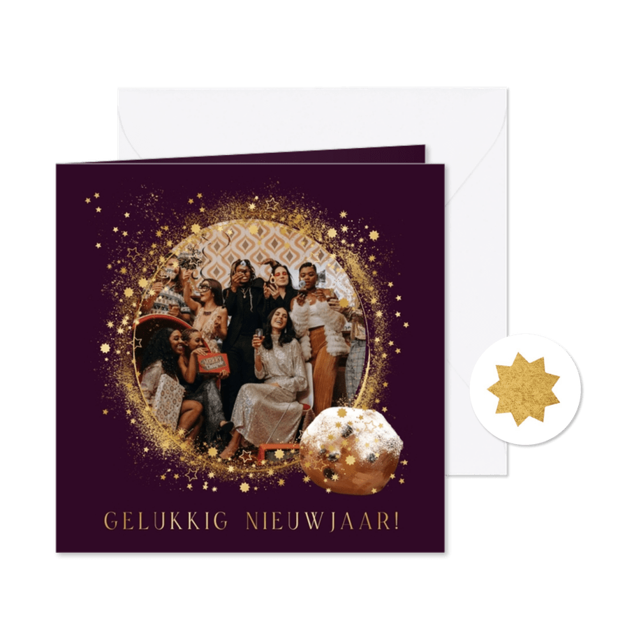 Zakelijke nieuwjaarskaart foto sterrenstof oliebol goud - Kaartimpressie