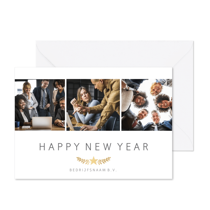 Zakelijke nieuwjaarskaart fotocollage met 3 foto's en ster - Kaartimpressie
