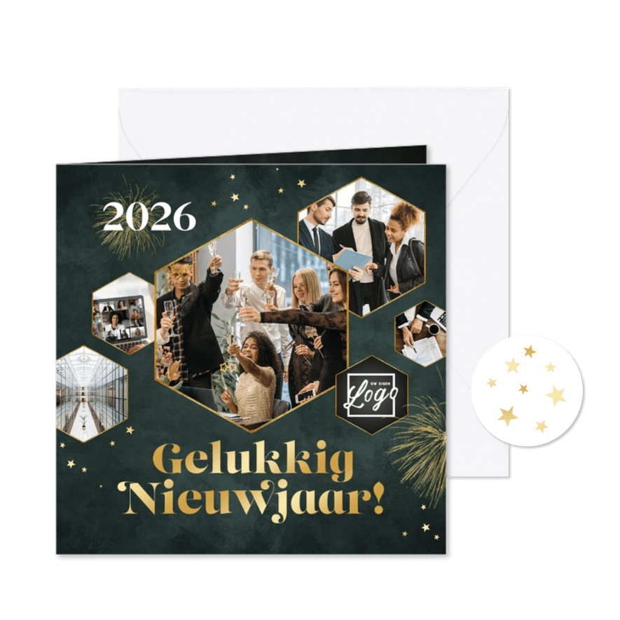 Zakelijke nieuwjaarskaart fotocollage vuurwerk sterren goud - Kaartimpressie