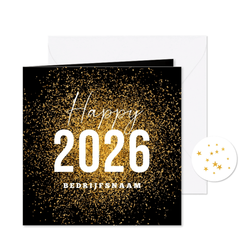 Zakelijke nieuwjaarskaart goud glitter vuurwerk 2026 - Kaartimpressie