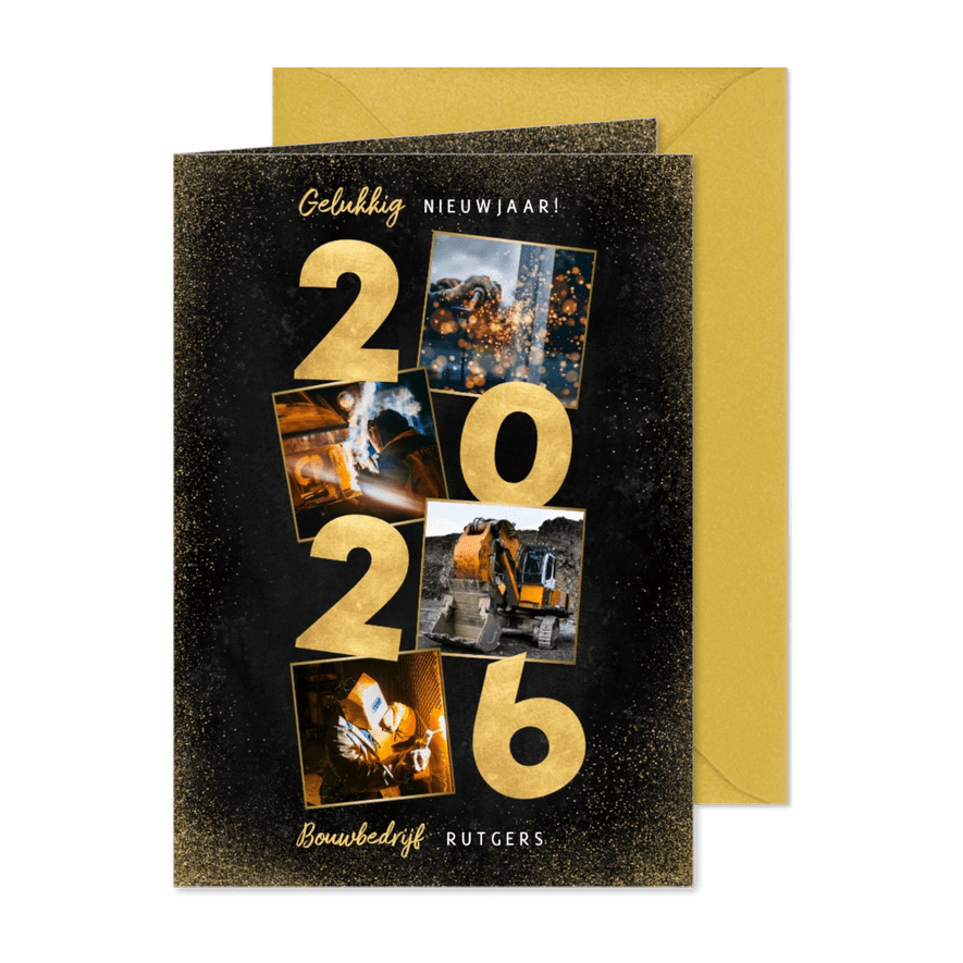 Zakelijke nieuwjaarskaart gouden 2026 en foto's - Kaartimpressie