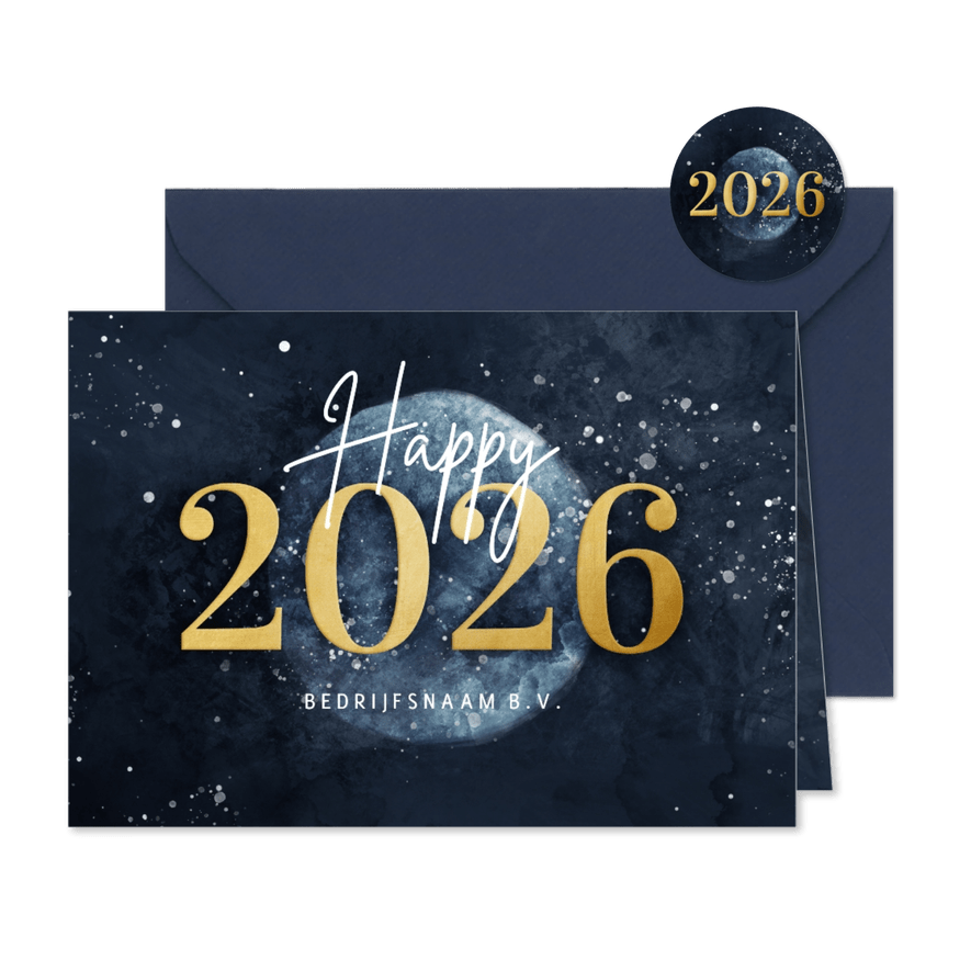 Zakelijke nieuwjaarskaart gouden 2026 met wereldbol - Kaartimpressie