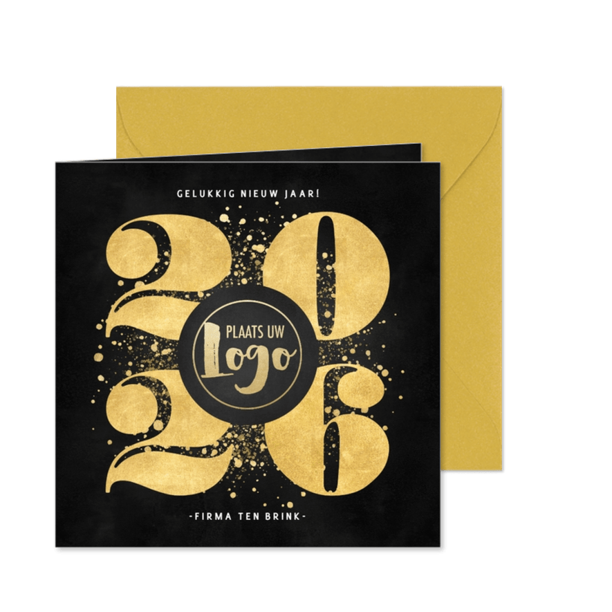 Zakelijke nieuwjaarskaart gouden 2026, spetters en logo - Kaartimpressie