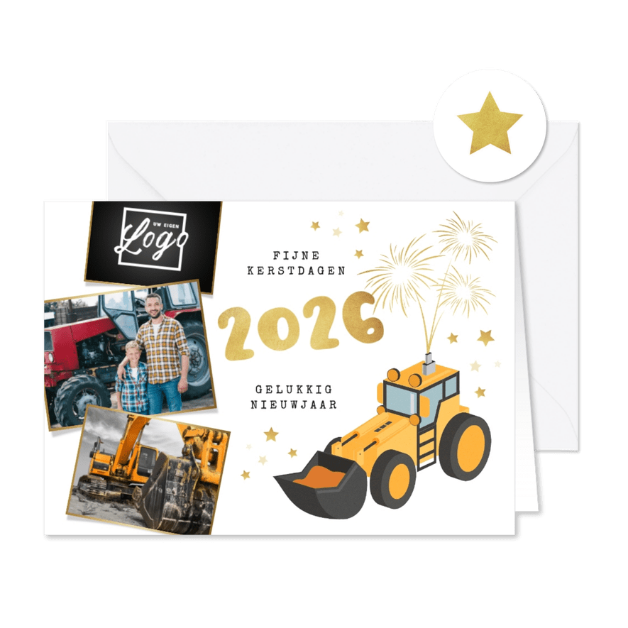 Zakelijke nieuwjaarskaart graafmachine bouw 2026 vuurwerk - Kaartimpressie
