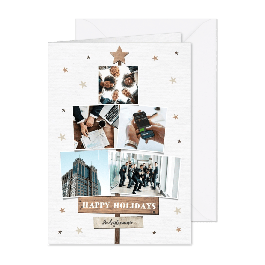 Zakelijke nieuwjaarskaart houtlook met fotocollageboom - Kaartimpressie