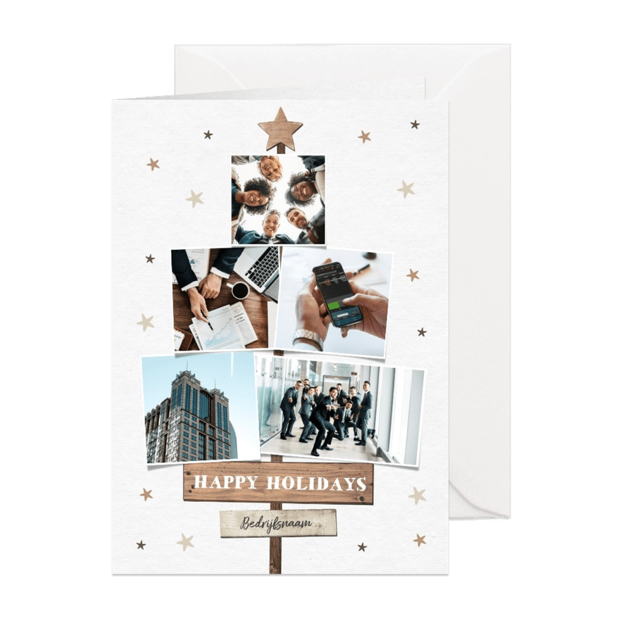 Zakelijke nieuwjaarskaart houtlook met fotocollageboom - Kaartimpressie