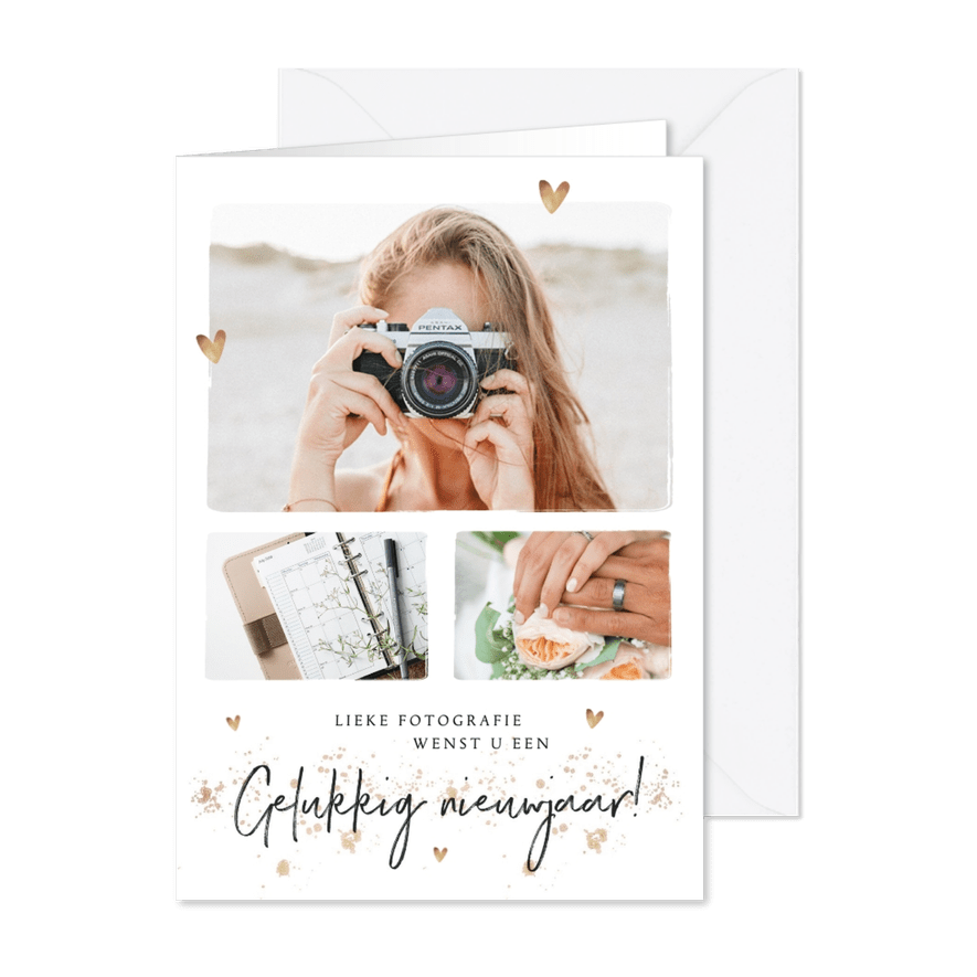 Zakelijke nieuwjaarskaart met foto's en goudlook hartjes - Kaartimpressie
