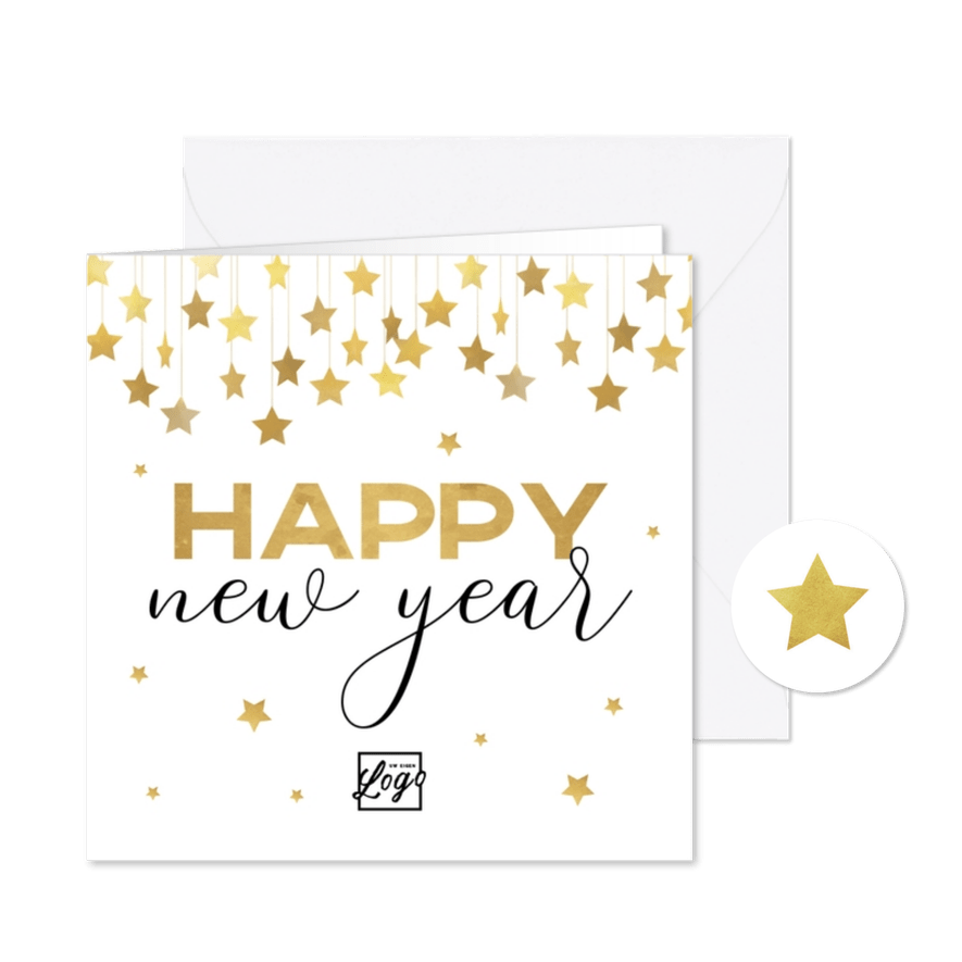 Zakelijke nieuwjaarskaart met gouden sterren en logo - Kaartimpressie