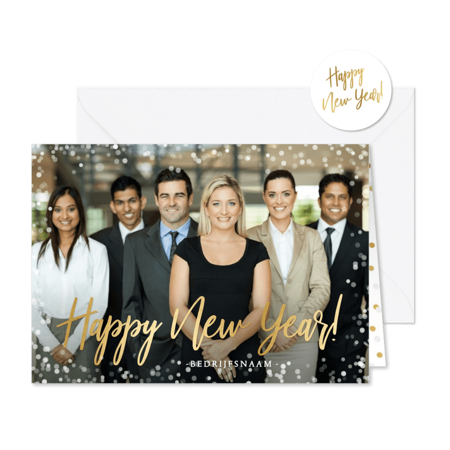 Zakelijke nieuwjaarskaart met grote foto en confetti - Kaartimpressie