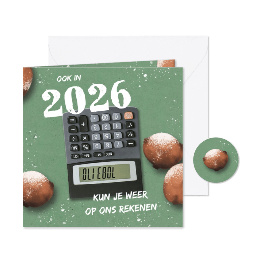 Zakelijke nieuwjaarskaart met oliebollen en rekenmachine - Kaartimpressie