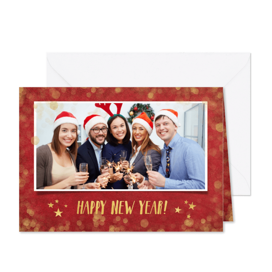 Zakelijke nieuwjaarskaart rood met goudlook confetti - Kaartimpressie