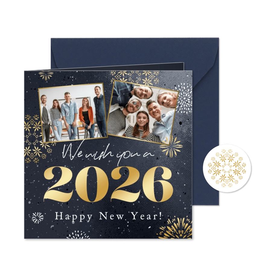 Zakelijke nieuwjaarskaart sterren vuurwerk foto 2026 goud - Kaartimpressie