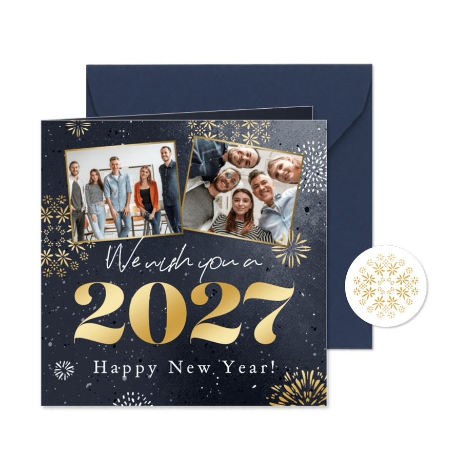 Zakelijke nieuwjaarskaart sterren vuurwerk foto 2027 goud - Kaartimpressie