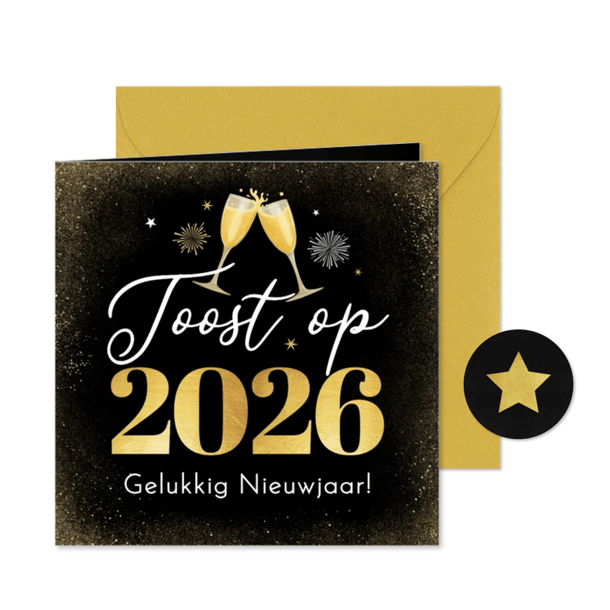 Zakelijke nieuwjaarskaart toost 2026 vuurwerk borrel sterren - Kaartimpressie