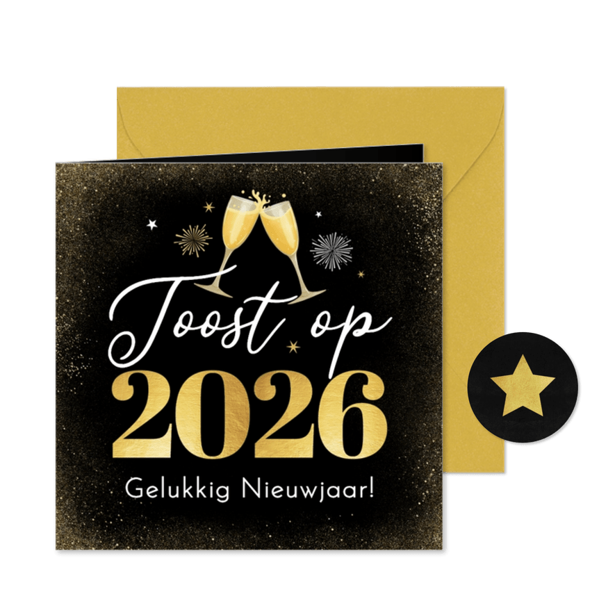 Zakelijke nieuwjaarskaart toost 2026 vuurwerk borrel sterren - Kaartimpressie
