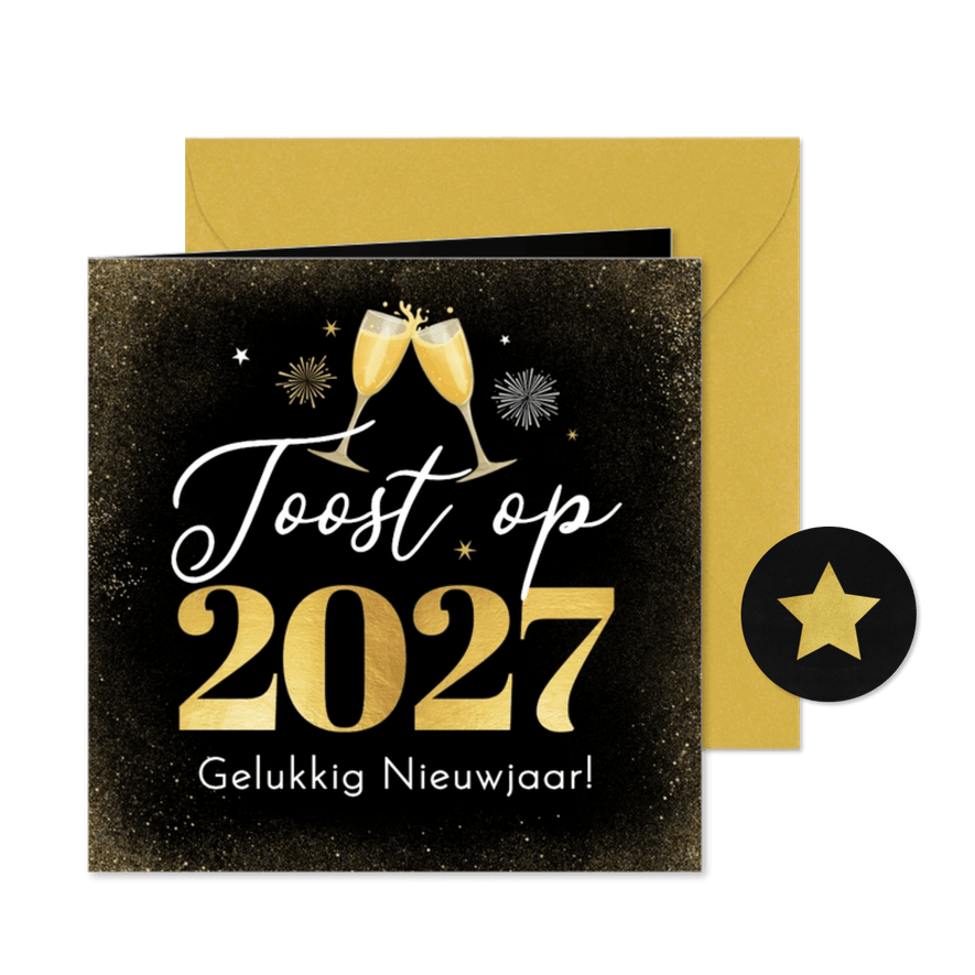 Zakelijke nieuwjaarskaart toost 2027 vuurwerk borrel sterren - Kaartimpressie