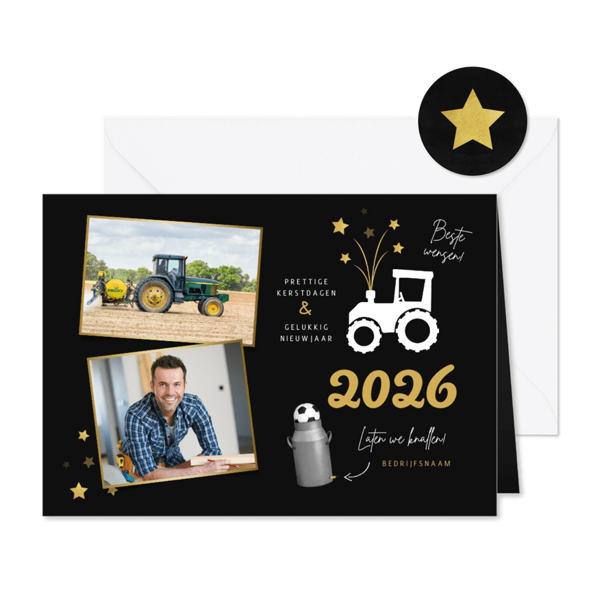 Zakelijke nieuwjaarskaart tractor vuurwerk carbid 2026 - Kaartimpressie