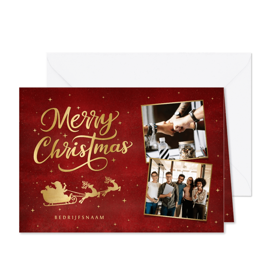 Zakelijke rode kerstkaart met gouden silhouet van arrenslee - Kaartimpressie