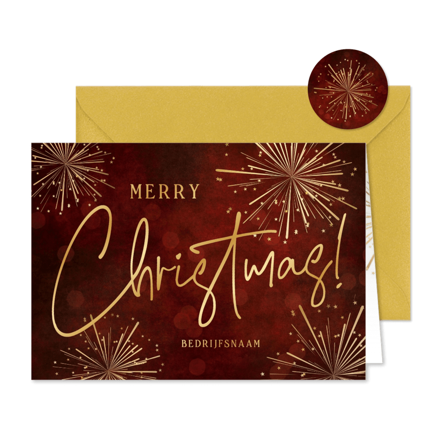 Zakelijke rode kerstkaart met goudlook vuurwerk en Chrstimas - Kaartimpressie