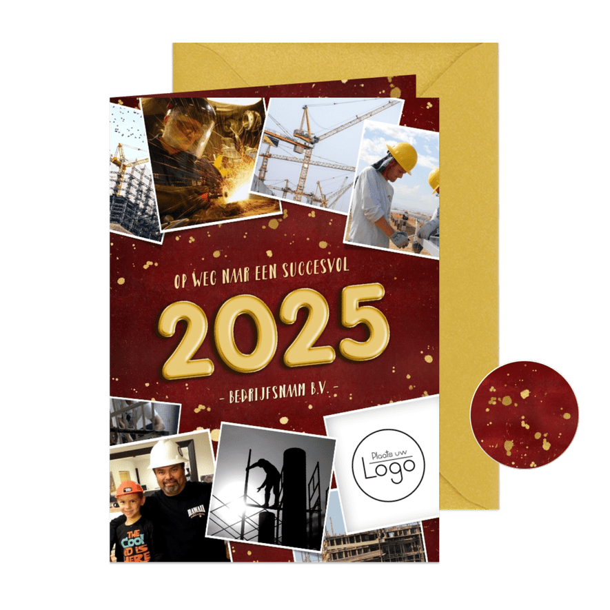 Zakelijke rode nieuwjaarskaart 9 foto's gouden 2025  - Kaartimpressie