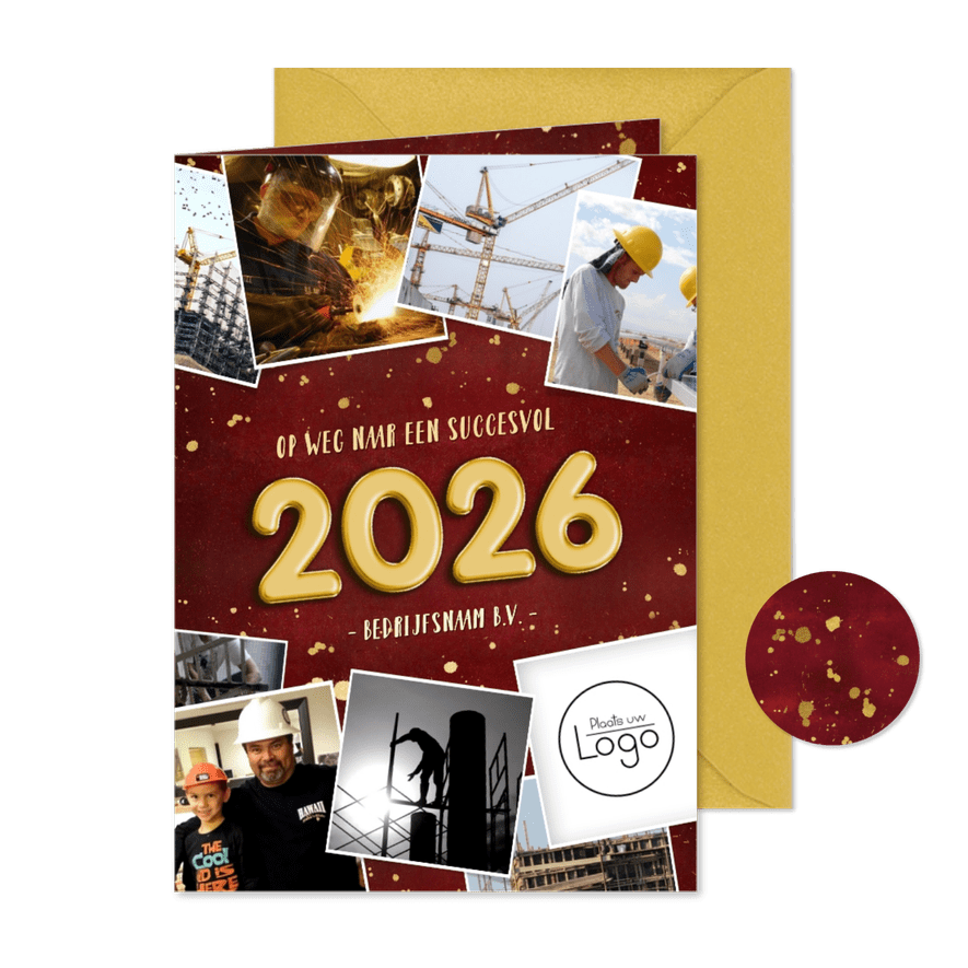 Zakelijke rode nieuwjaarskaart 9 foto's gouden 2026 - Kaartimpressie