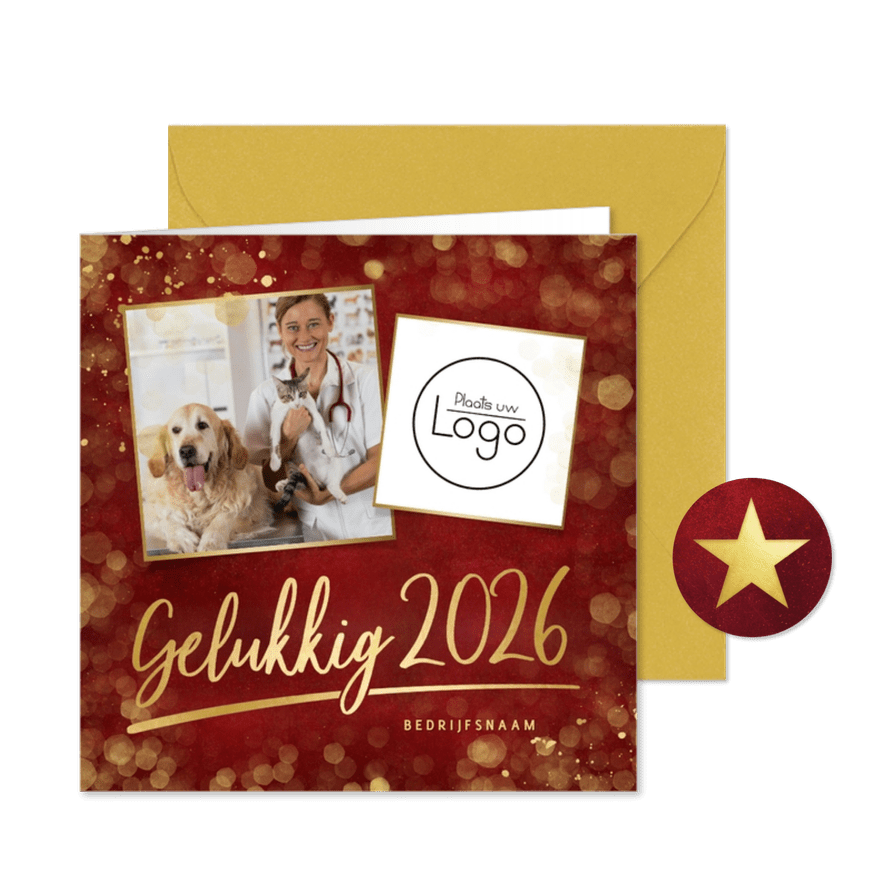 Zakelijke rode nieuwjaarskaart met eigen foto en logo - Kaartimpressie