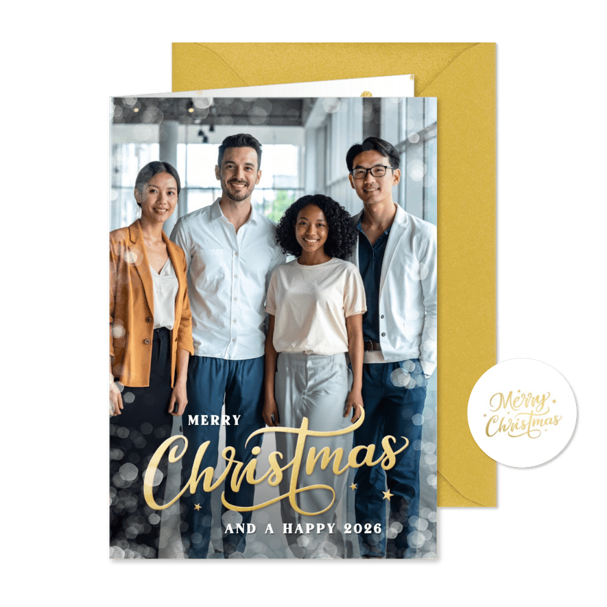Zakelijke staande kerstkaart met grote foto en Christmas - Kaartimpressie