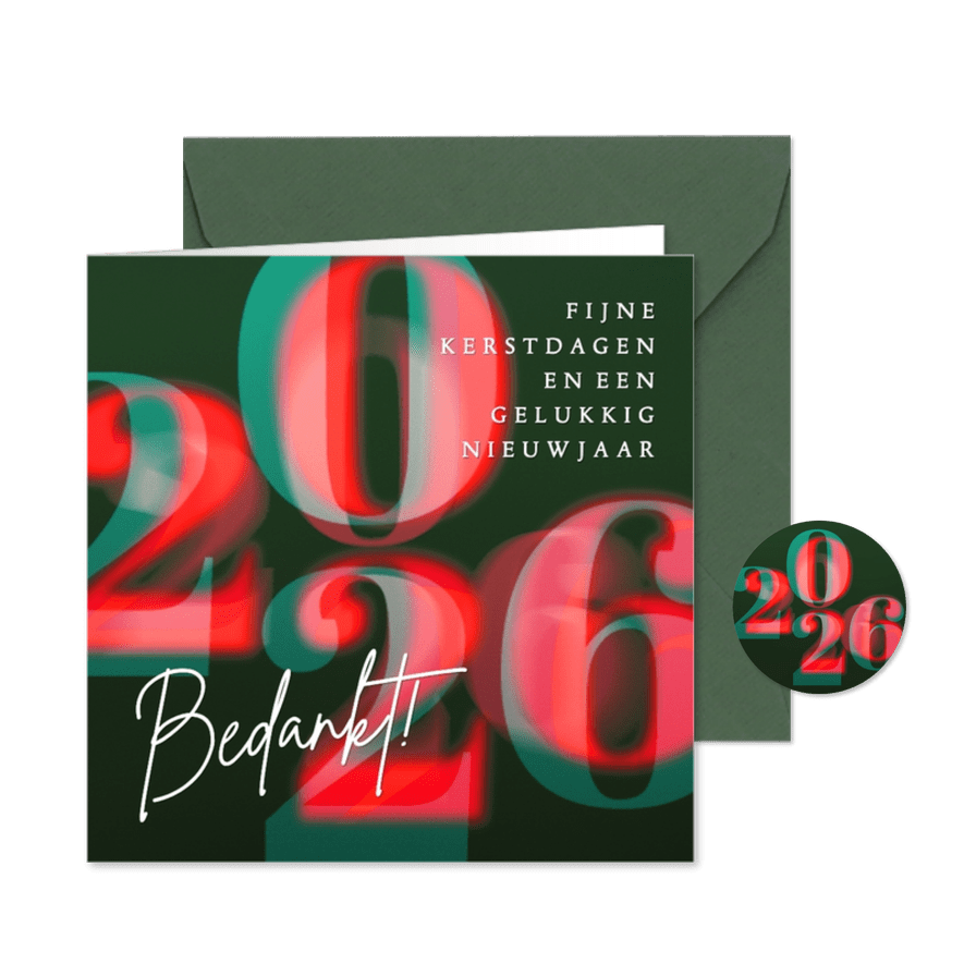 Zakelijke stijlvolle kerstkaart 2026 groen met rood - Kaartimpressie