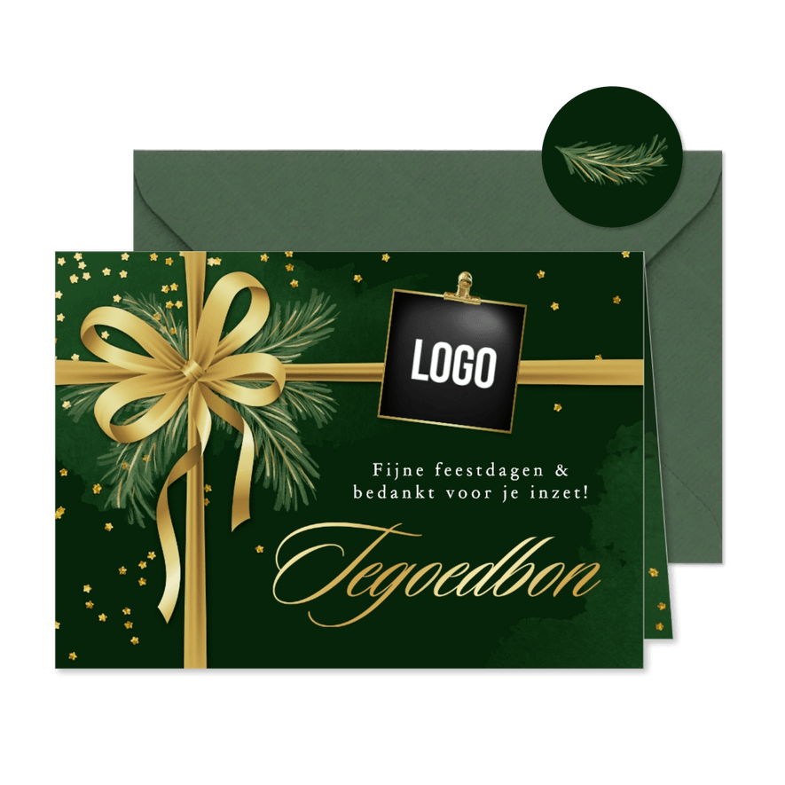 Zakelijke tegoedbon kerst feestdagen strik goud confetti - Kaartimpressie