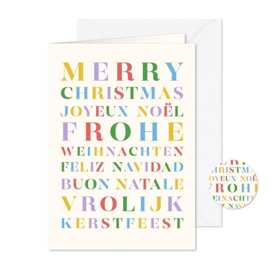 Zakelijke trendy kerstkaart regenboog typografie talen - Kaartimpressie