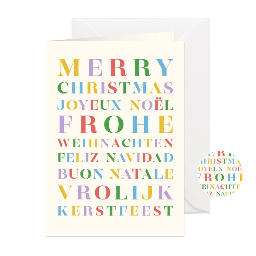 Zakelijke trendy kerstkaart regenboog typografie talen - Kaartimpressie