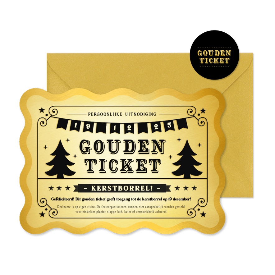 Zakelijke uitnodiging kerstborrel - gouden ticket - Kaartimpressie