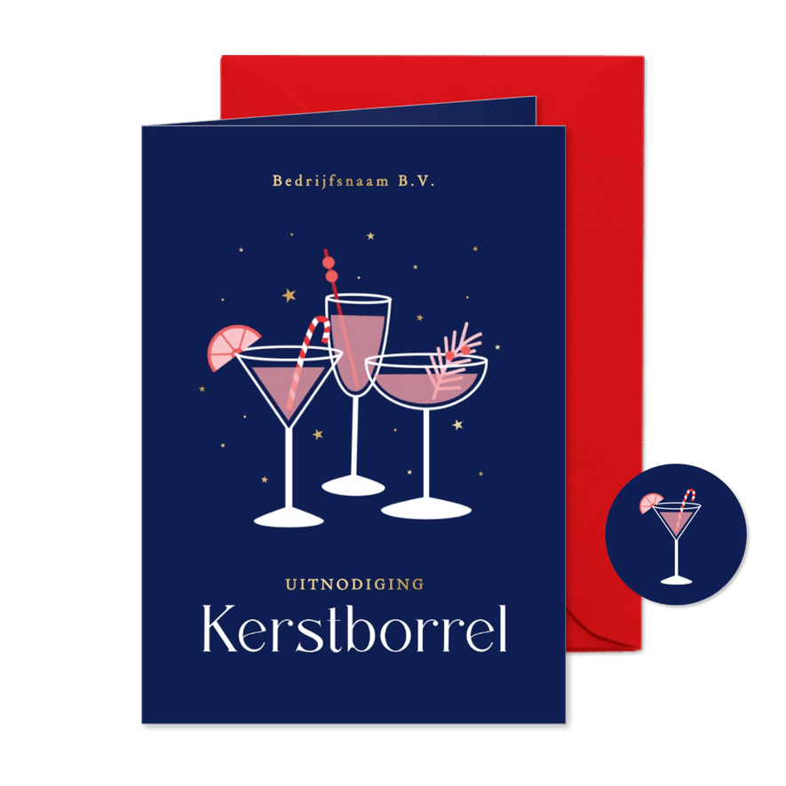 Zakelijke uitnodiging kerstborrel met kerst cocktails  - Kaartimpressie