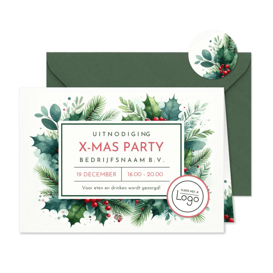 Zakelijke uitnodiging kerstviering met hulst en takjes - Kaartimpressie