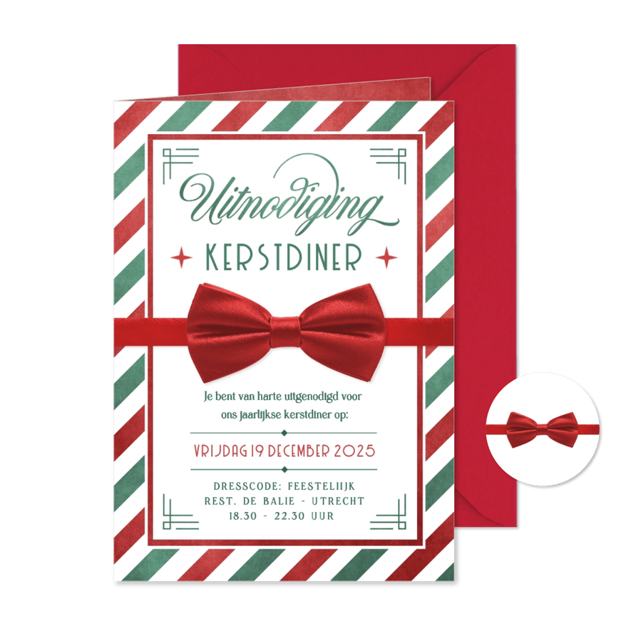 Zakelijke uitnodiging met rode strik kerstdiner medewerkers  - Kaartimpressie