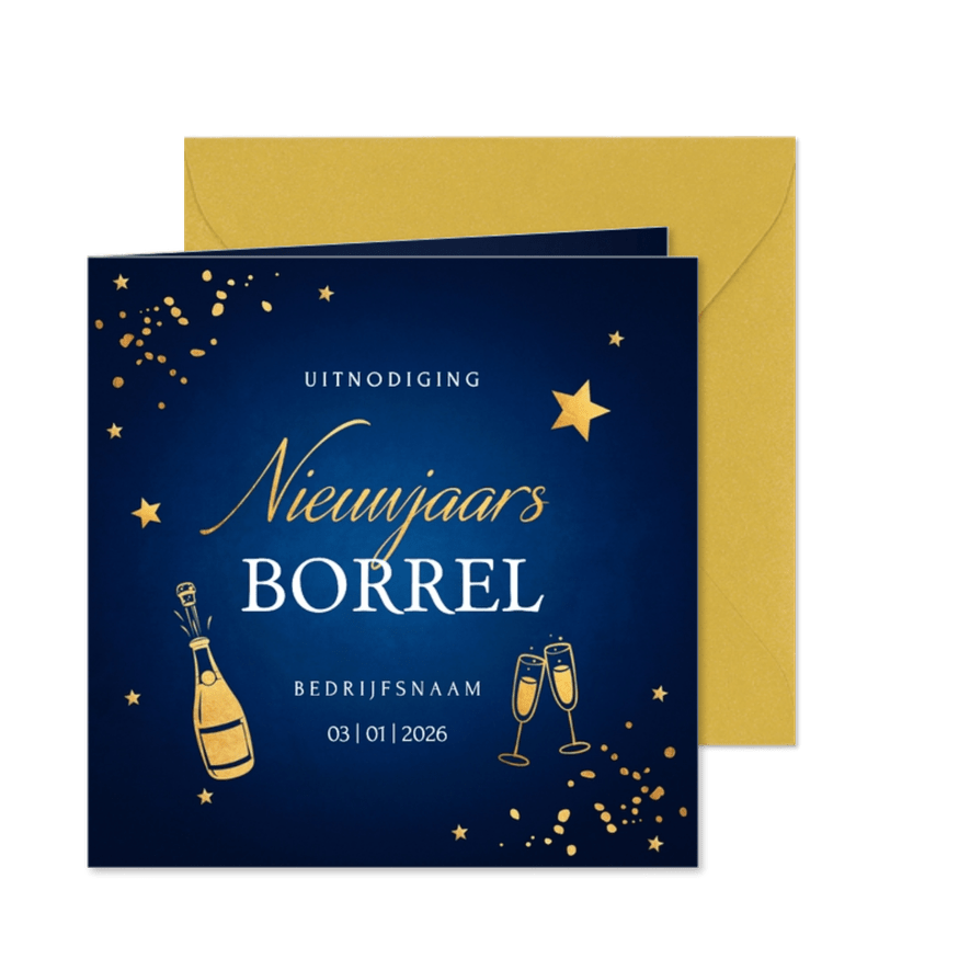 Zakelijke uitnodiging Nieuwjaarsborrel blauw goudlook 2026 - Kaartimpressie