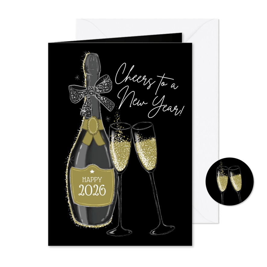 Zakelijke uitnodiging nieuwjaarsborrel champagnefles - Kaartimpressie