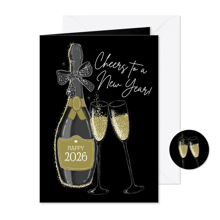 Zakelijke uitnodiging nieuwjaarsborrel champagnefles - Kaartimpressie