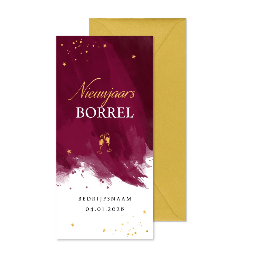 Zakelijke uitnodiging Nieuwjaarsborrel rood watercolour 2026 - Kaartimpressie