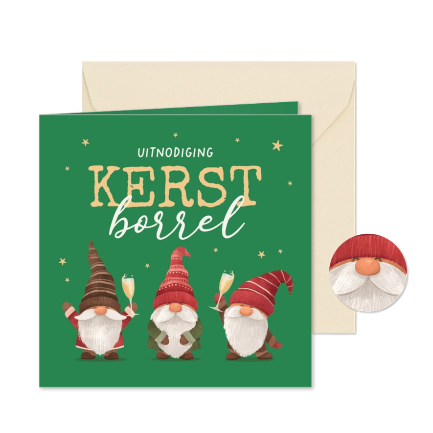 Zakelijke uitnodigingskaart kerstborrel kabouters grappig - Kaartimpressie