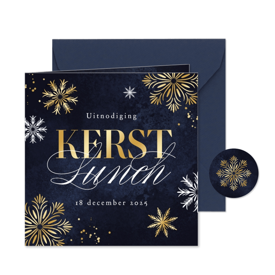 Zakelijke uitnodigingskaart kerstlunch sneeuwvlokken goud - Kaartimpressie