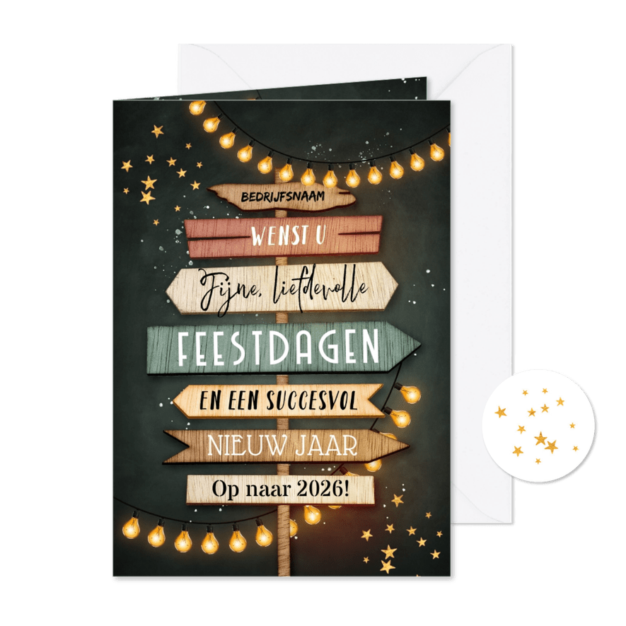 Zakelijke wegwijzers kerstkaart uitnodiging hout lampjes - Kaartimpressie