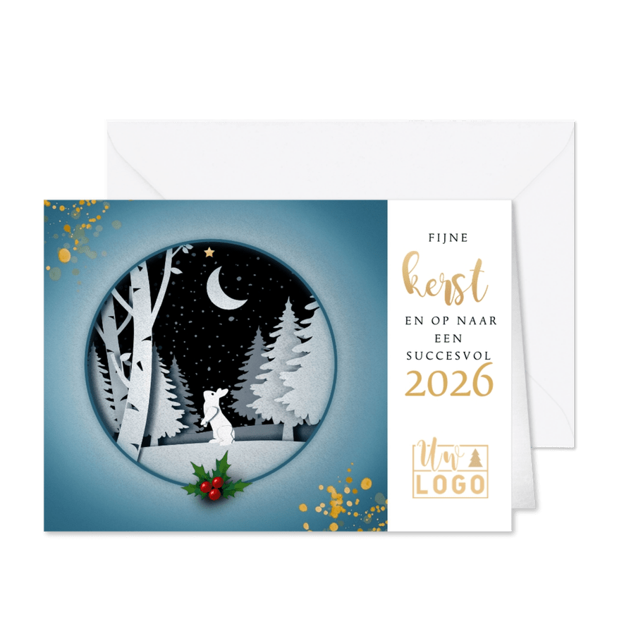 Zakelijke winterse kerstkaart wat lijkt op uitgeknipt papier - Kaartimpressie