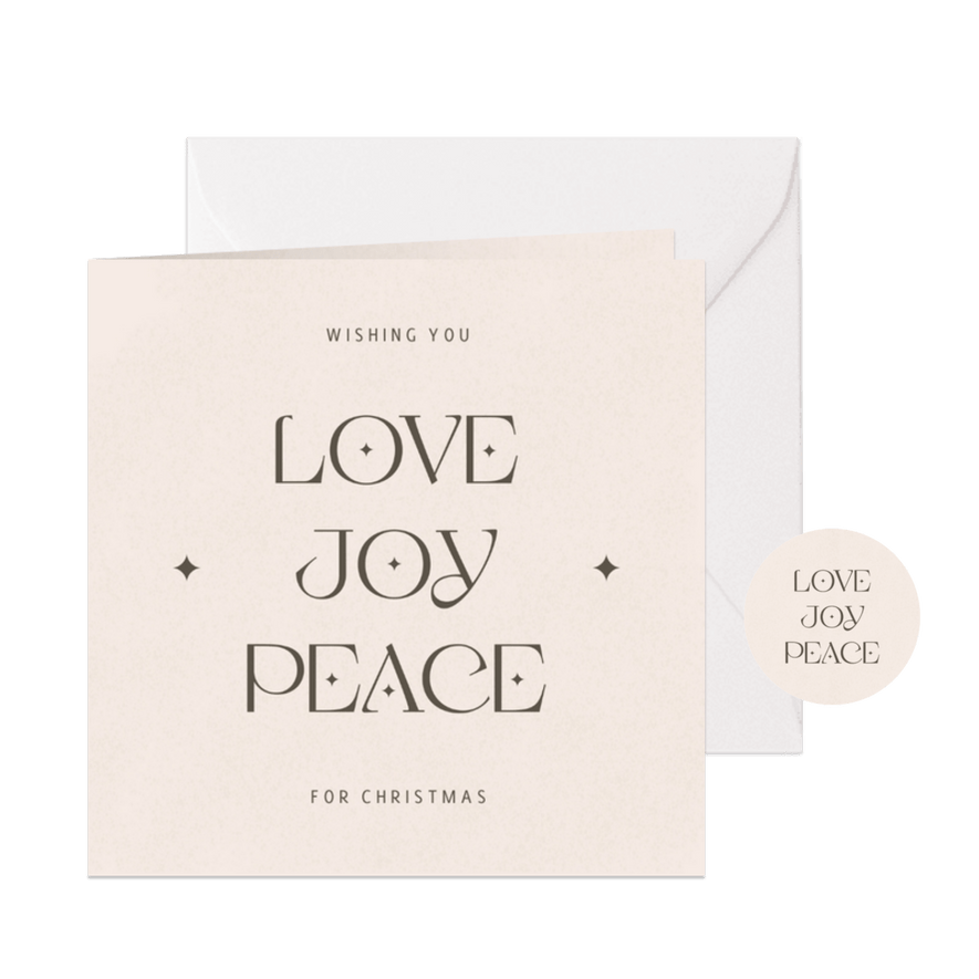 Zandkleurige kerstkaart love joy peace - Kaartimpressie