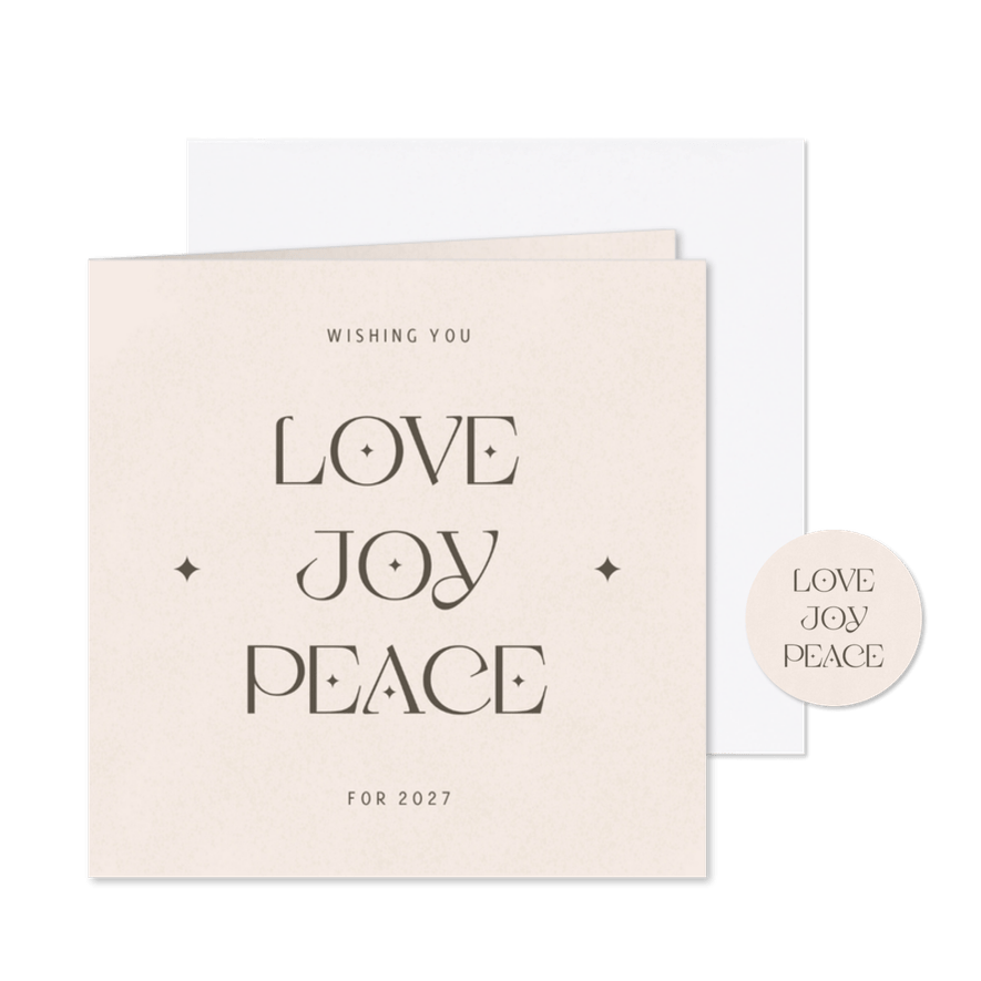 Zandkleurige nieuwjaarskaart love joy peace - Kaartimpressie