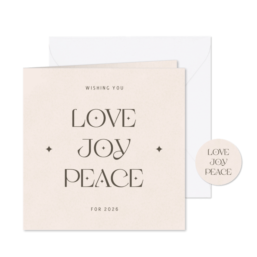 Zandkleurige nieuwjaarskaart love joy peace - Kaartimpressie