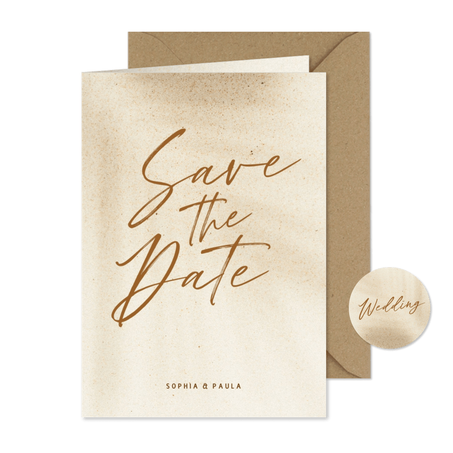Zandkleurige save the date kaart met schaduw - Kaartimpressie