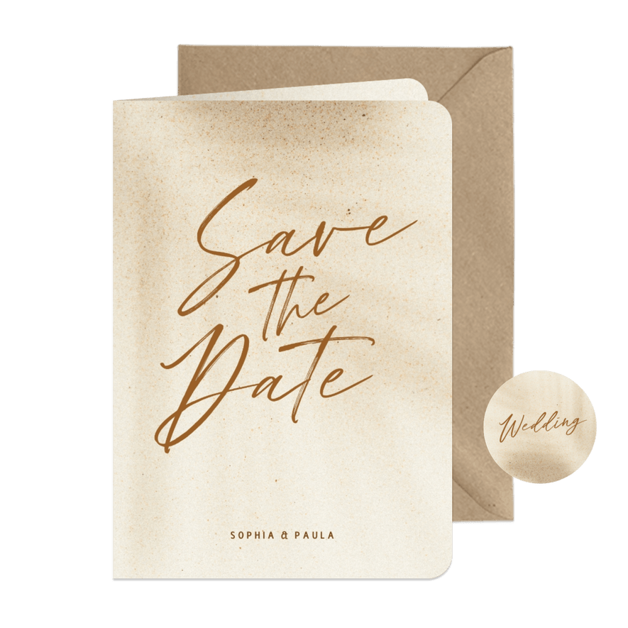 Zandkleurige save the date kaart met schaduw - Kaartimpressie